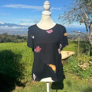 Vintage 90s Liberty House Young Hawaii Black Tea Fruit Short Sleeve top Cottage